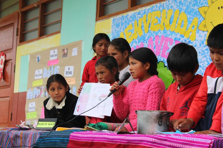 Un grupo de niños presenta su proyecto sobre cómo abordar la anemia en su comunidad. Una niña en el centro del grupo habla por un micrófono que sostiene. Una niña a su izquierda demuestra dibujos para mostrárselos a la audiencia. La niña al lado de esa está mirando a la hablante. Al fondo hay carteles coloridos.