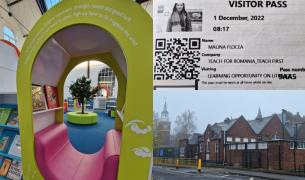 A collage of images including a visitor's pass, a colorful library, and a red brick school building