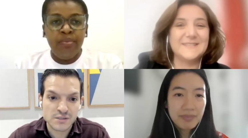 Collage of four faces - three women and two men - on a Zoom call