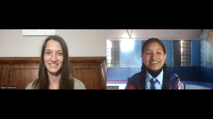 A split Zoom screen of headshots of a young white woman with long brown hair and a Nepalese girl wearing a shcool uniform and braids