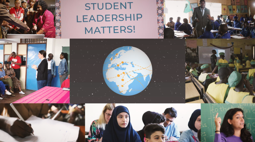 A montage of images of diverse adults and children surround a rectangle with a globe in the middle and starry sky in the background